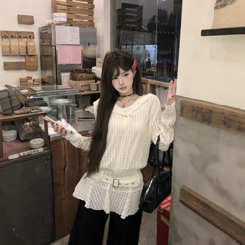 温柔甜妹风长袖连帽镂空T恤女装春秋季新款收腰显瘦米白色上衣潮|undefined