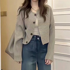 针织开衫女外穿新款慵懒风圆领宽松蝙蝠袖百搭休闲秋冬外套上衣女