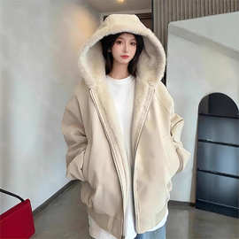 美式连帽棉服外套女2025冬季新款宽松加绒加厚保暖毛领棉衣夹克