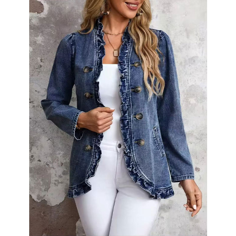 Cross-border European and American style dark blue ruffled double-breasted denim jacket with puff sleeves, stand-up collar, short vintage-style jacket Cross-border European and American style dark blue ruffled double-breasted denim jacket with puff sleeves, stand-up collar, short vintage-style jacket 