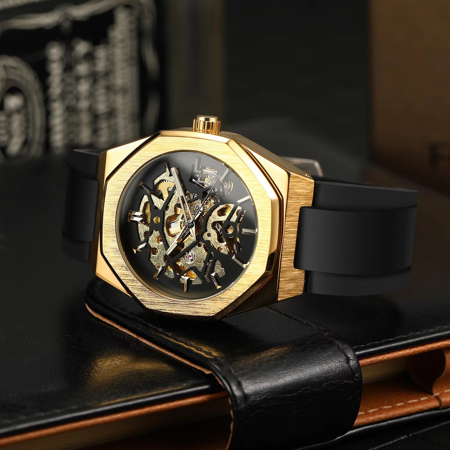 Men's Mechanical Skeleton Watch Silver Automatic Rubber Strap_voghion.com