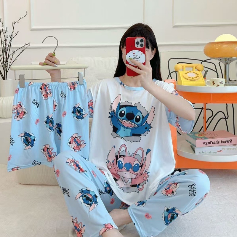 Pijamas de verano transfronterizos pijamas de leche de seda de tres piezas set de dibujos animados comercio exterior ropa para el hogar pantalones de mangas cortas lindos