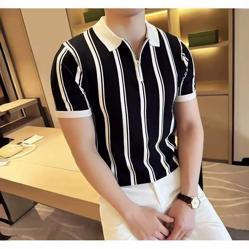 2024 высокое качество бизнес-мужчины тонкая рубашка поло с короткими рукавами мужская летняя новая повседневная футболка в вертикальную полоску с лацканом