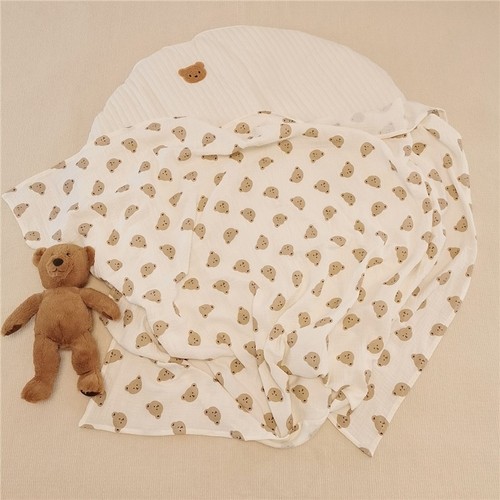 Bear Print Covering Blanket Pure Cotton Double Layer Gauze Blanket for Baby and Toddler, Baby Blanket Bath Towel, Infant Wrap Blanket