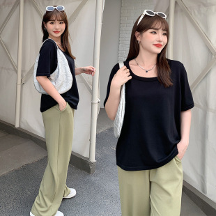 200 Jin Fat MM Large Size Women's Wool Top Slight Fat Summer New Slim Shoulder Knitted Shirt 9160