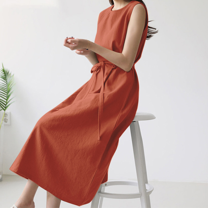 European And American Cross-border Women's Fashion Loose Bohemian Sleeveless Round-neck Solid Color Cotton-linen Long_ecoleips.com