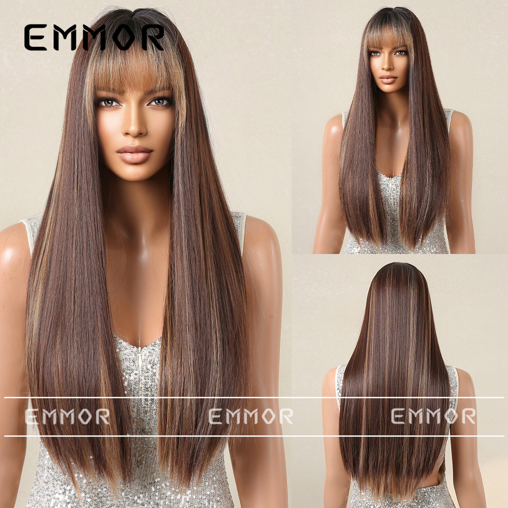 Shein nuevo europeo y americano Peluca de las mujeres de pelo largo flequillo recto pelo temperamento diosa natural moda peluca cabeza cubierta