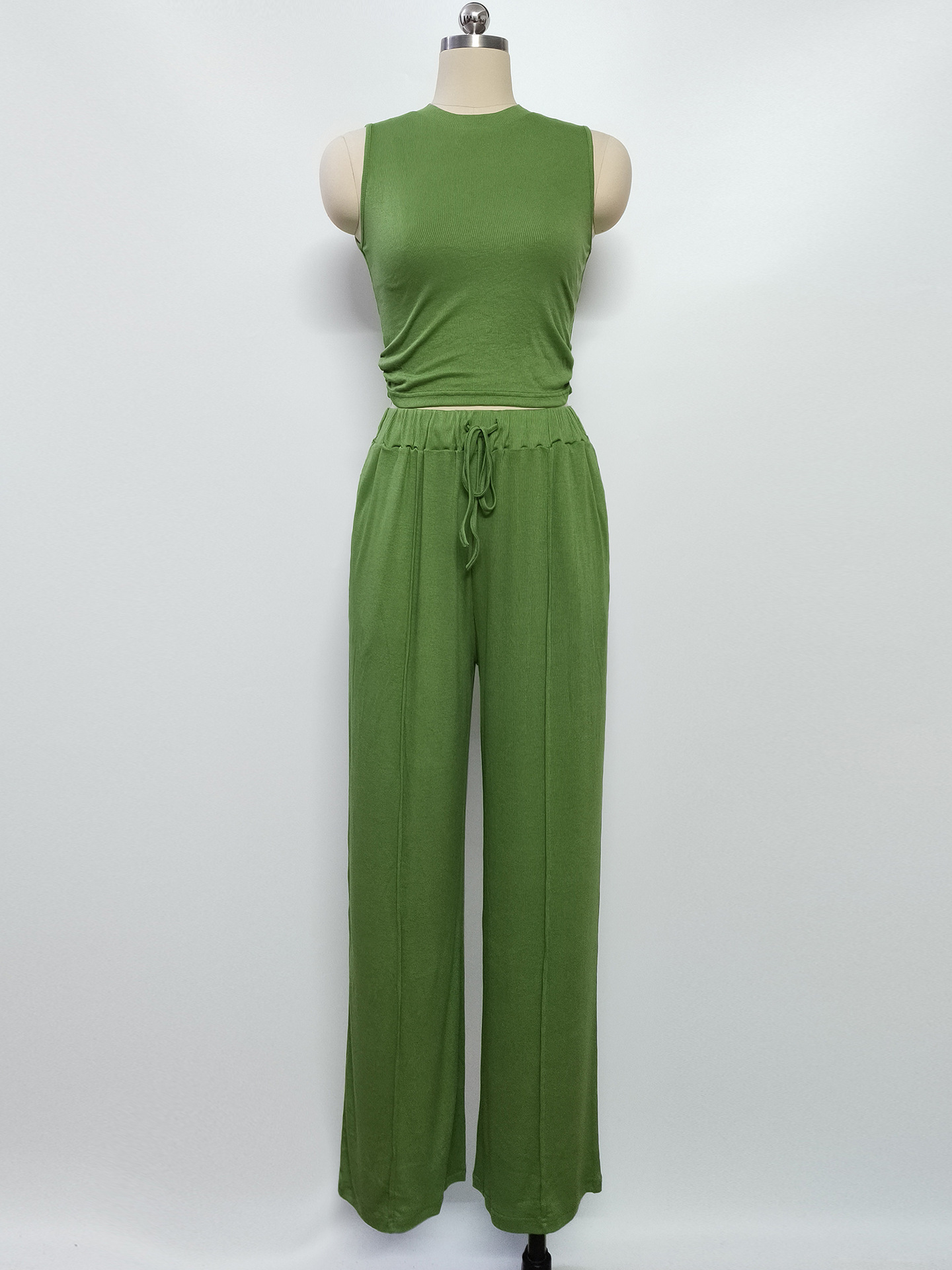 Women's Clothing Summer Leisure Suit Sleeveless Round Neck Short Slim Fit Top Wide Leg Pants Two Piece Suit_ecoleips.com