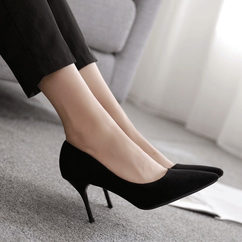 Black Suede High Heels with Pointed Toe and Thin Heel, Elegant and Versatile for Professional Work and Interviews, Women's Single Shoes 5Cm7Cm