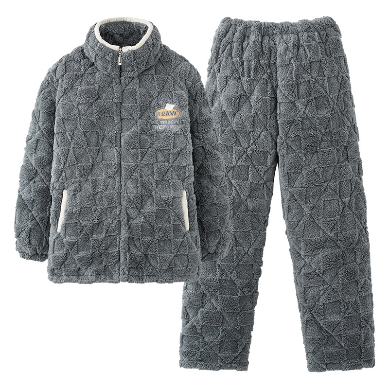 Pijama de hombre invierno de lana de coral tres capas de algodón intercalado grueso y chaqueta de lana de algodón calentamiento conjunto de ropa para el hogar de franela