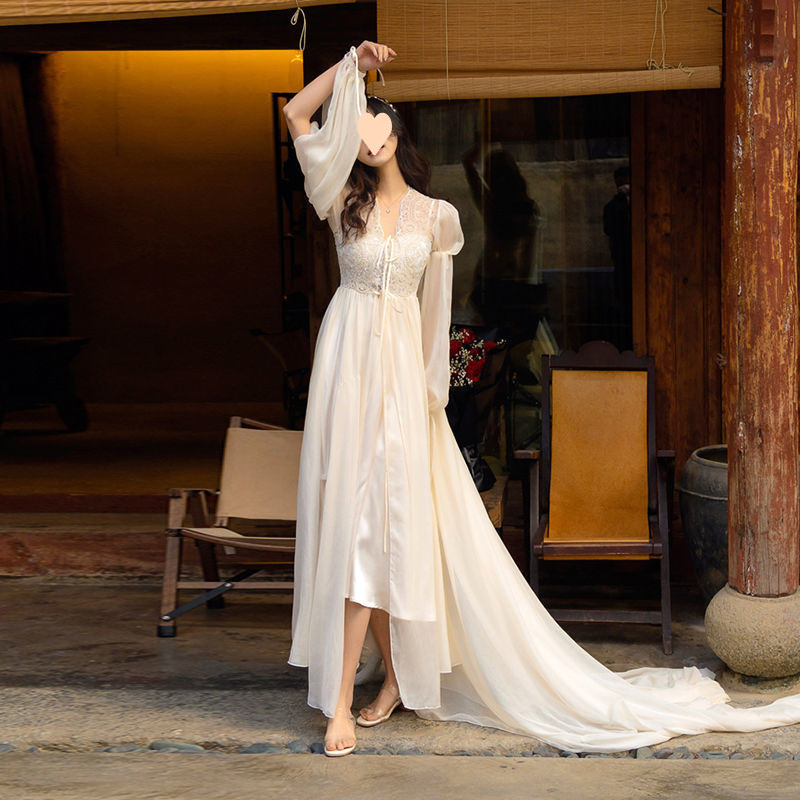 Morning Robe, Light Wedding Dress, Bridal Nightgown, Female Wedding Dress, High-End Photo Shoot, Beautiful Fairy Lace Tail Dress