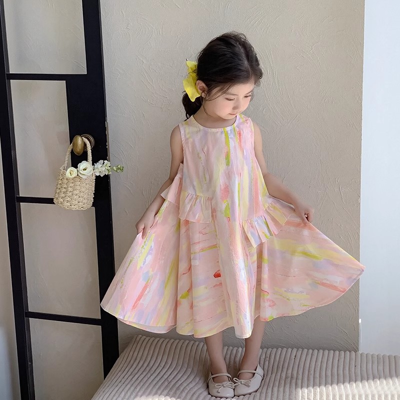 Girls Dress Summer Children's Beach Skirt 2025 New Summer Children's Clothing Fashionable Girls Sleeveless Floral Skirt