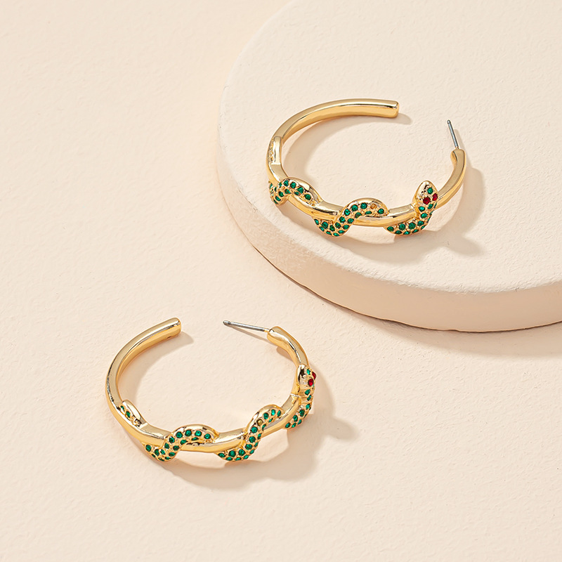 European green diamond zodiac snake circle earrings retro ear jewelry