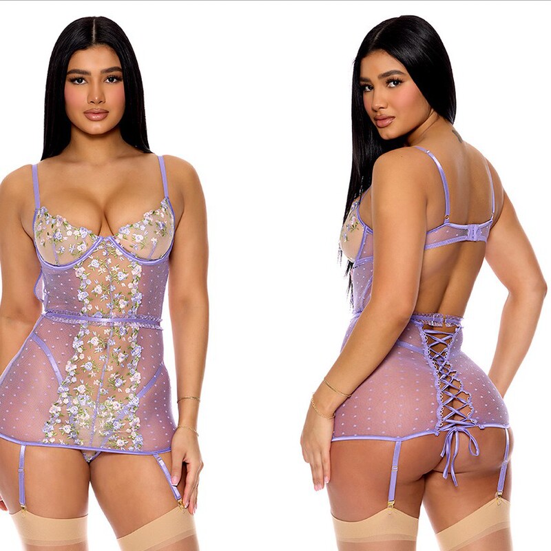 Factory direct purple beautiful charming embroidery flower thin garter belt transparent gathered sexy underwear suit women