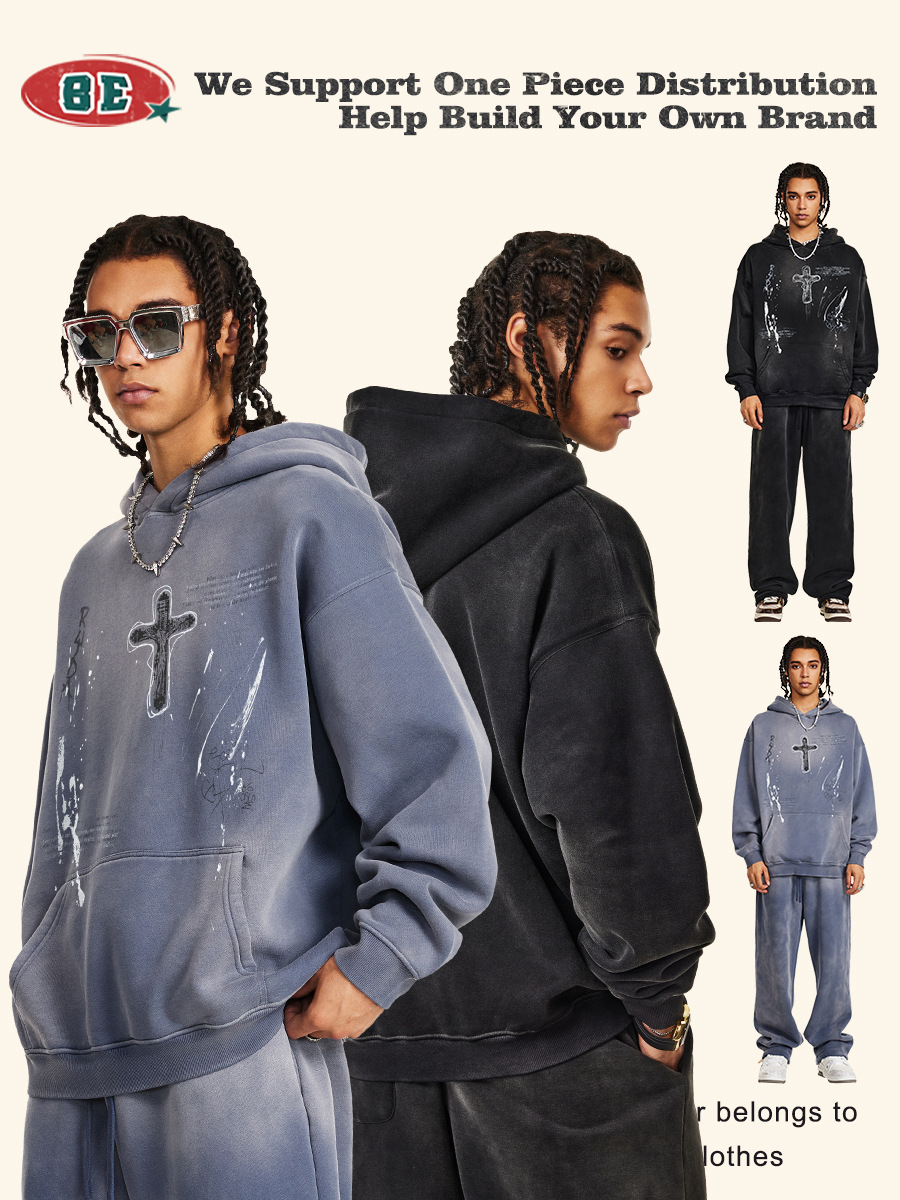 Be Hombres| 2025 otoño americano callejera suelta pintada a mano pareja ropa de moda inns pintado punto chaqueta con capuz para hombre image 5