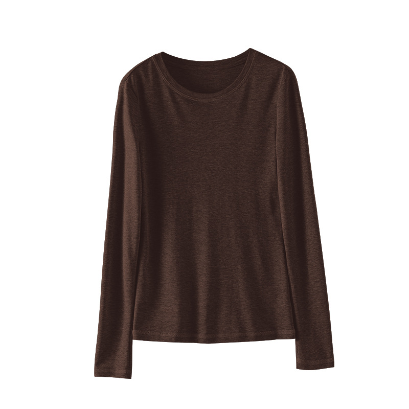 Áo thun nữ cổ tròn dáng rộng tay dài chất Tencel Cashmere phong cách retro Hàn Quốc — Màu cà phê