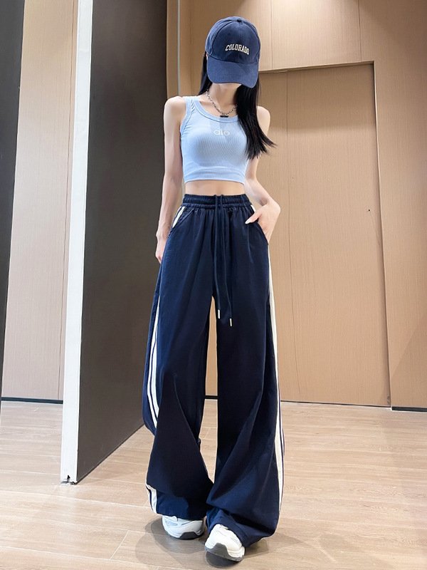 デザインされたコントラストストライプステッチワイドレッグパンツ女性の夏薄いルーズハイウエストストレートドレープカジュアルスポーツパンツ|undefined