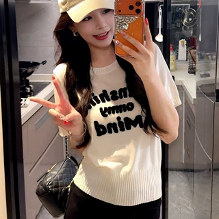 简约甜美韩系母刺绣针织短袖T恤女2026夏季新款简约百搭圆领上衣