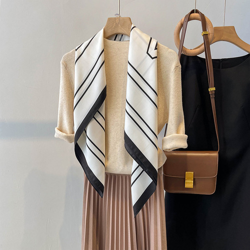 French style shoulder scarf women's long spring and autumn style fashionable black and white striped 90cm large square scarf versatile shawl