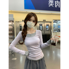 假两件长袖t恤女春秋修身收腰褶皱设计感小众撞色内搭打底衫上衣