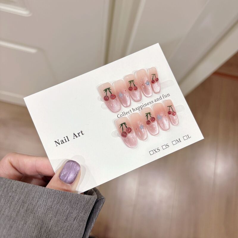 Simple and Beautiful Nail Art, New Spring Style Fresh Cat-Eye Wearable Nails, Handmade Cherry Daily Wear Nails