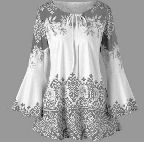 2023 new women's printed long bell sleeve strapped t-shirt slim long sleeve plus size women's clothing