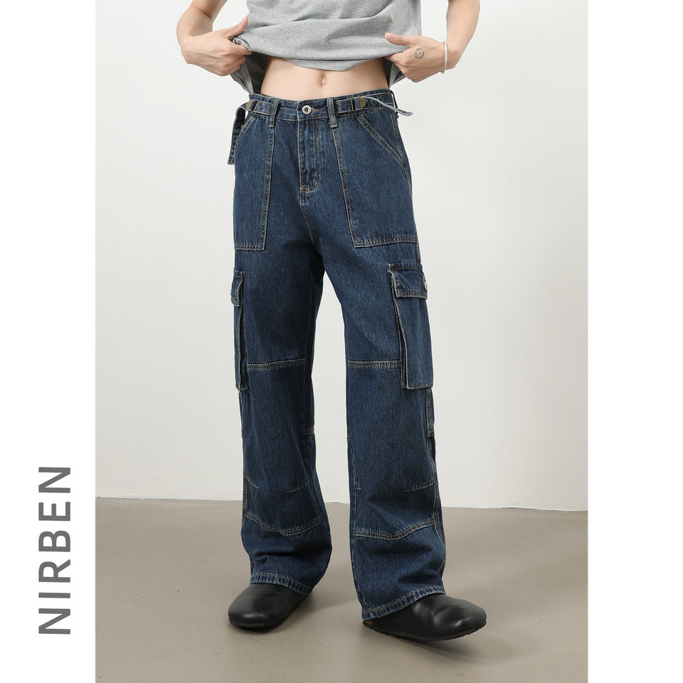 Quần jeans nam ống rộng thẳng phong cách đường phố, nhiều túi, lưng giữa eo — màu xanh đậm