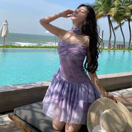 现货 轻奢小众聚会成人礼礼服紫色扎染雪纺吊带度假连衣裙图片色