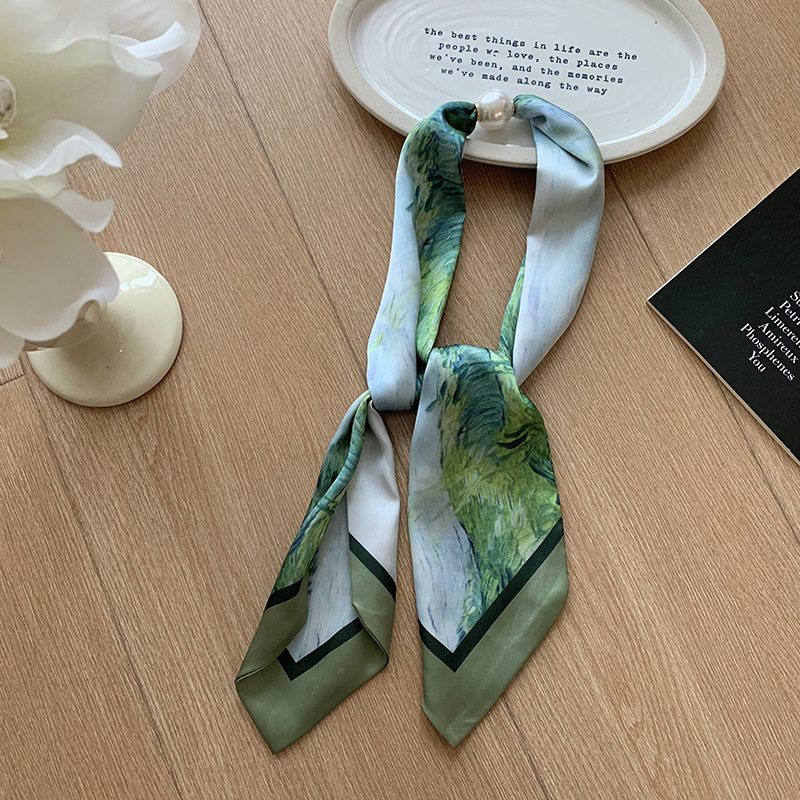 Pañuelo de seda, tira larga, sensación de alta calidad, estilo coreano, bufanda decorativa de lunares de doble capa, costura personalizada, bufanda de seda para mujer al por mayor