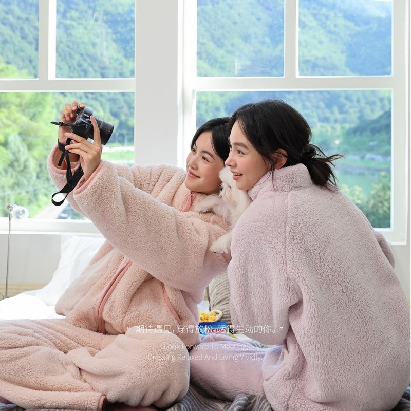 828冬季新款睡衣女立领拉链套装加绒加厚珊瑚绒保暖慵懒家居服外|undefined