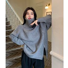 韩版灰色侧拉链高领毛衣女秋冬设计感宽松慵懒风针织内搭上衣加厚