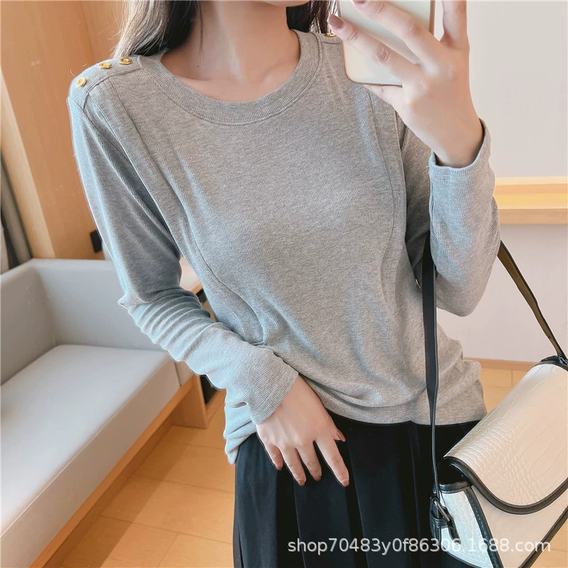 Футболка для беременных на весну и осень, с длинным рукавом, с круглым вырезом, для кормления, с отверстиями слева и справа 9237