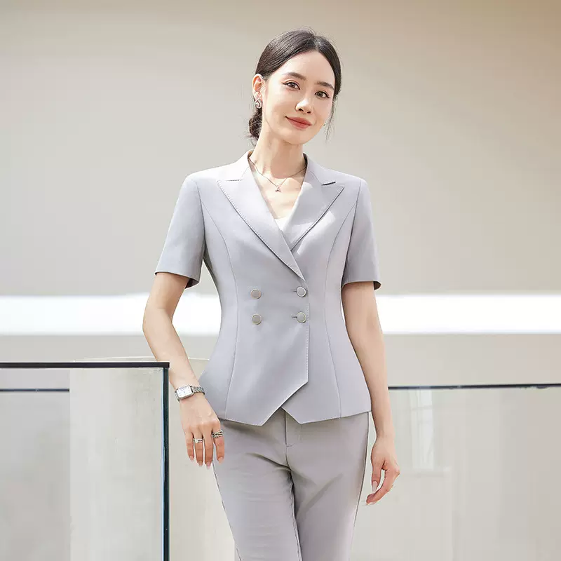 女神范主持人职业套装西装时尚女装2024夏设计感蓝色西装套裙气质