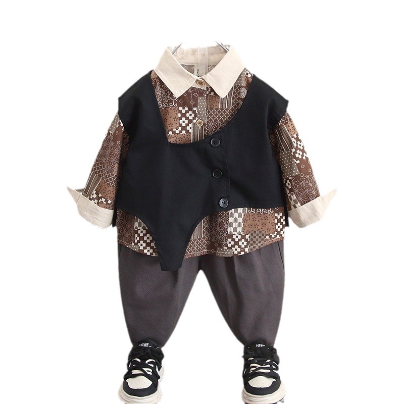 6076 niño primavera y otoño camisa de flores de moda traje de tres piezas traje de chaleco de otoño para niños guapo de moda 2024 nuevo niño