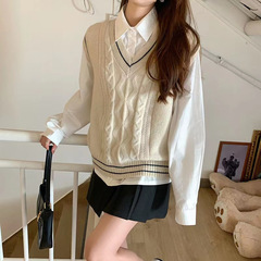 春秋新款学院风v领针织马甲清新甜美女外穿无袖撞色麻花毛衣背心