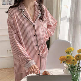 实拍2025秋季新款睡衣女韩系条纹撞色拼接花边套装简约舒适家居服