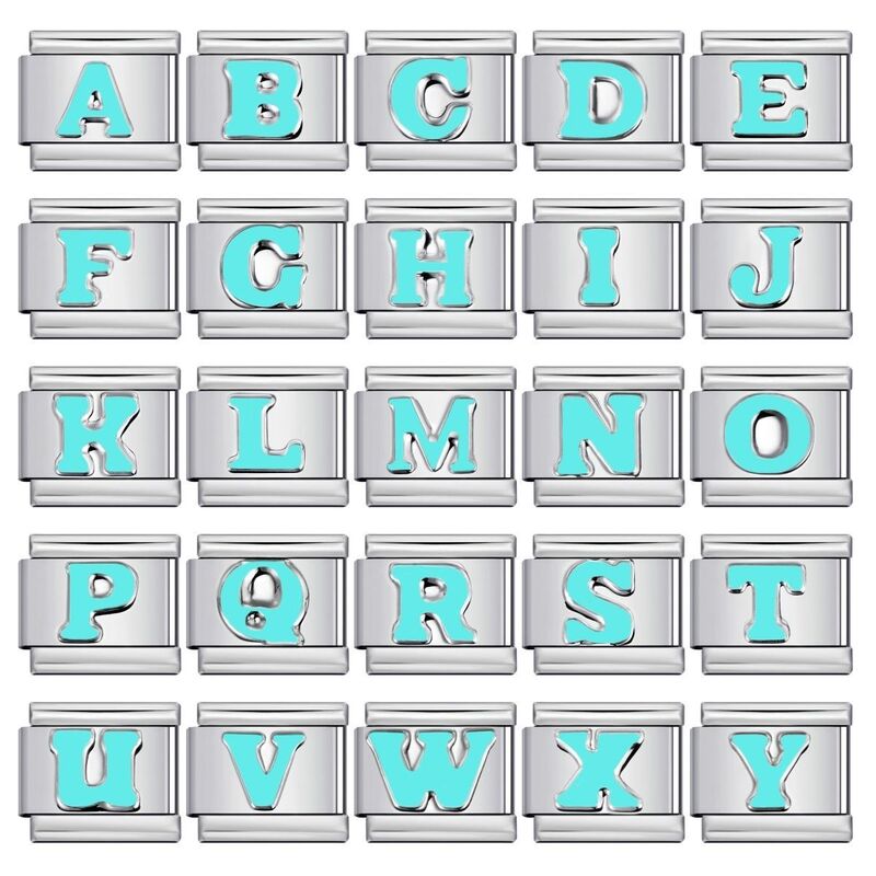 Modular Chain Bracelet with Concave English Letters in Sky Blue, Titanium Steel Without Oil Coating, DIY Italian Modular Bracelet Wholesale Modular Chain Bracelet with Concave English Letters in Sky Blue, Titanium Steel Without Oil Coating, DIY Italian Modular Bracelet Wholesale