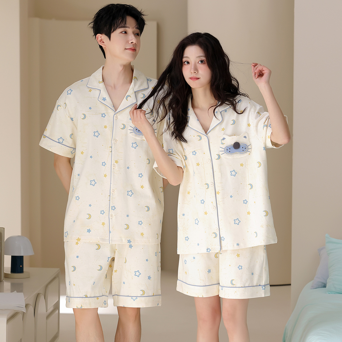 Cartoon Cute Pure Cotton Lapel Cardigan Couple Pajamas Summer Outfit Casual Loose Men's and Women's Home Clothes