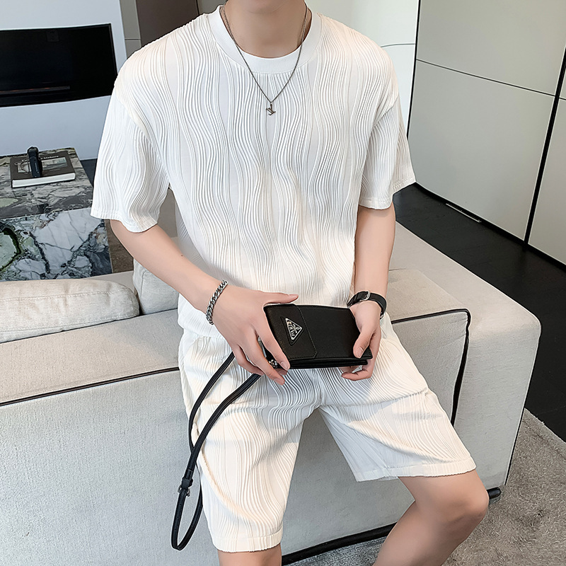 High-grade Ice Silk Casual suit Men's Trendy Internet-famous Solid Color Thin T-shirt Short-sleeved Shorts Handsome Two-piece Set