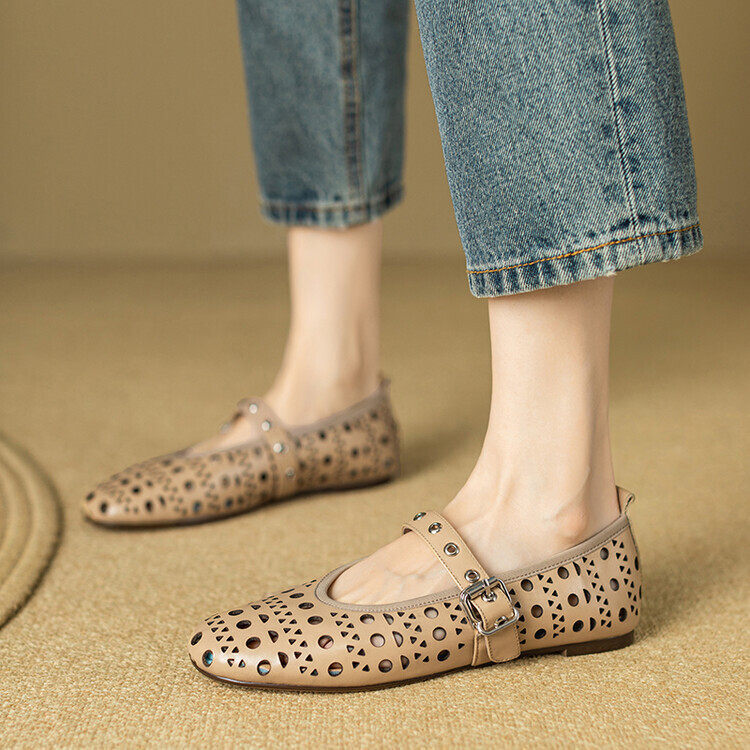 Round-Toe Flat Sandals for Women, Hollow-Out Shoes, Mom Shoes, Mary Jane Shoes, Spring and Summer Full Leather Genuine Leather Shoes Xld