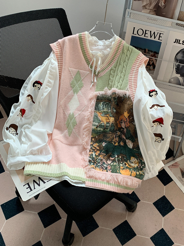 森系V领针织马甲女2025秋冬新款复古文艺重工油画刺绣毛衣背心潮|undefined