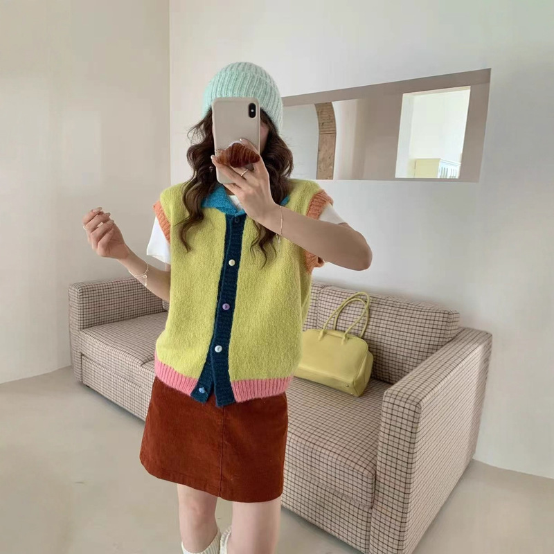 韩系撞色针织马甲 Polo 领设计彩色纽扣显瘦软糯针织毛衣背心女装|undefined