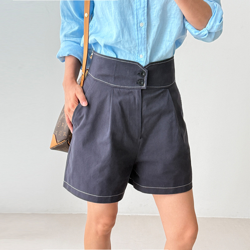 Italian HM early autumn contrast-stitched high-waisted casual women's double-button waist pleated A-line wide-leg shorts with minor defects
