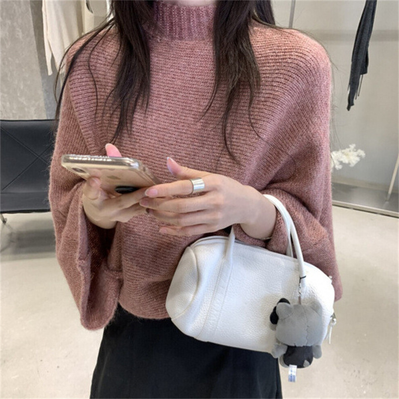 韩国东大门慵懒风蝙蝠袖遮肉半高领针织衫秋冬新款套头毛衣女上衣