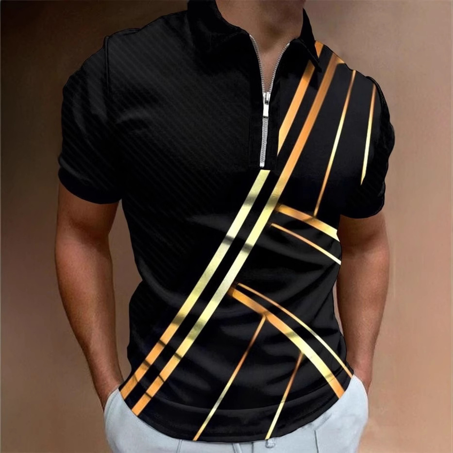 Deportes de verano para hombres, solapa suelta transpirable, cremallera de manga corta, chaqueta de polo, camisa POLO de todo fósforo, impresión 3D de moda
