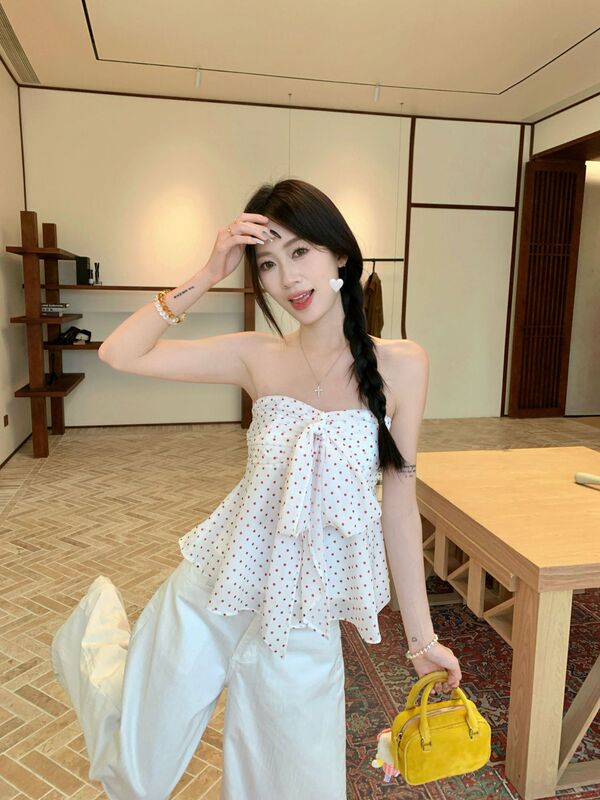 甜辣妹红色波点蝴蝶结抹胸背心女夏季法式小众显瘦无袖短款小上衣|undefined