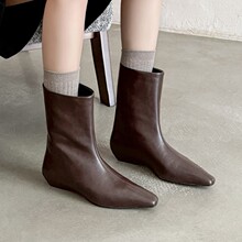 2025新款 马油牛皮小方头法式短筒马靴 2cm坡跟简约灰色时装靴女