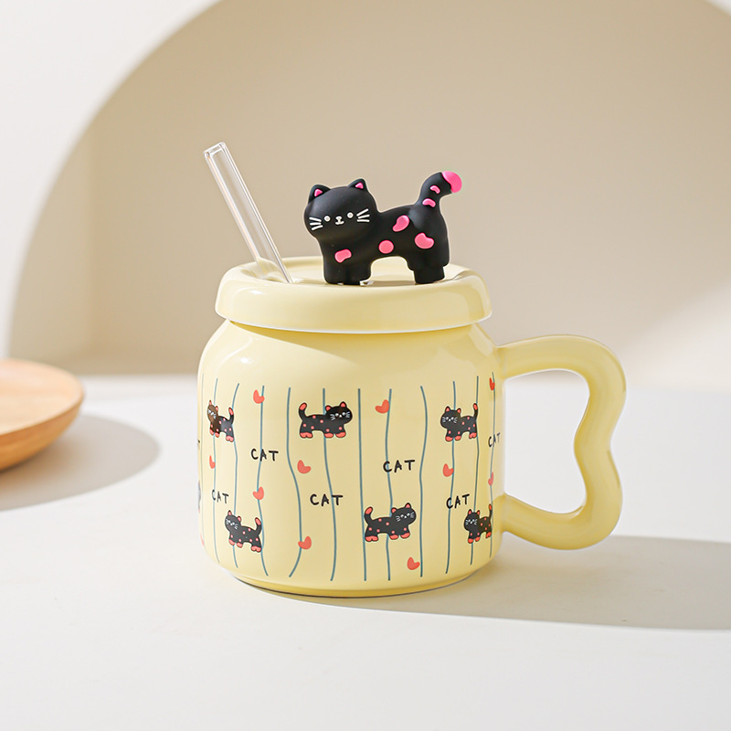 Taza de paja de dibujos animados de gato lindo suave Taza de oficina de alto valor con tapa Taza de pareja casera Taza de desayuno