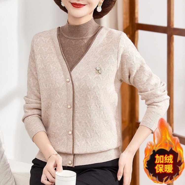 Mother's Autumn and Winter New Half Turtleneck Sweater Women's 40-year-old 50-year-old Middle-aged Women's fleece-lined Thickened Knitted Base Shirt Top