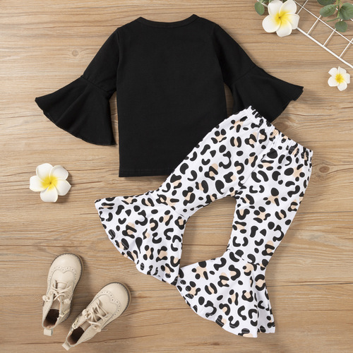 US/EU Cross-border Autumn New Girl's Ins Black Bell Sleeve Top + Leopard Print Pants Children's Two-Piece Set